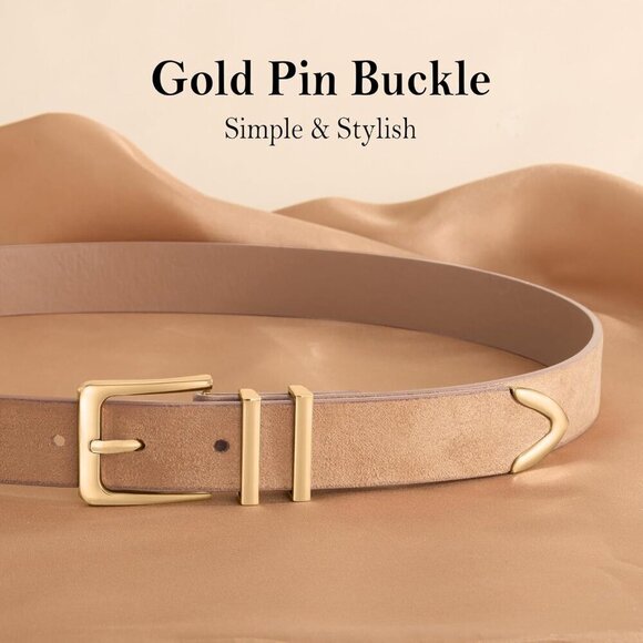 Women Suede Belt Tan Gold Buckle Casual Waist Accessory for Jeans Pants